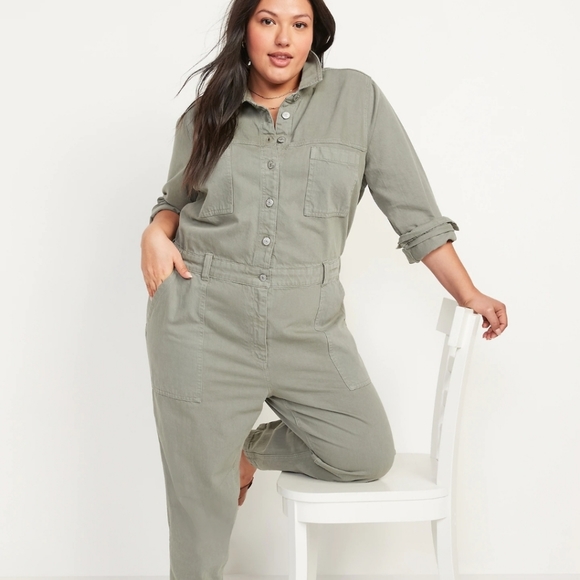 Long-Sleeve Cropped Jean Utility Jumpsuit for Women (GREEN) - Picture 3 of 15